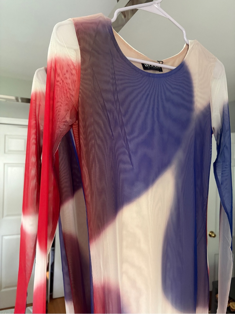 Tie-Dye Long Sleeve Mesh Dress - Red, Blue & White